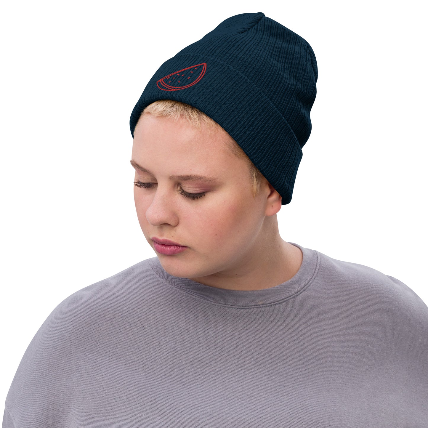 Melon Embroidered ribbed knit beanie